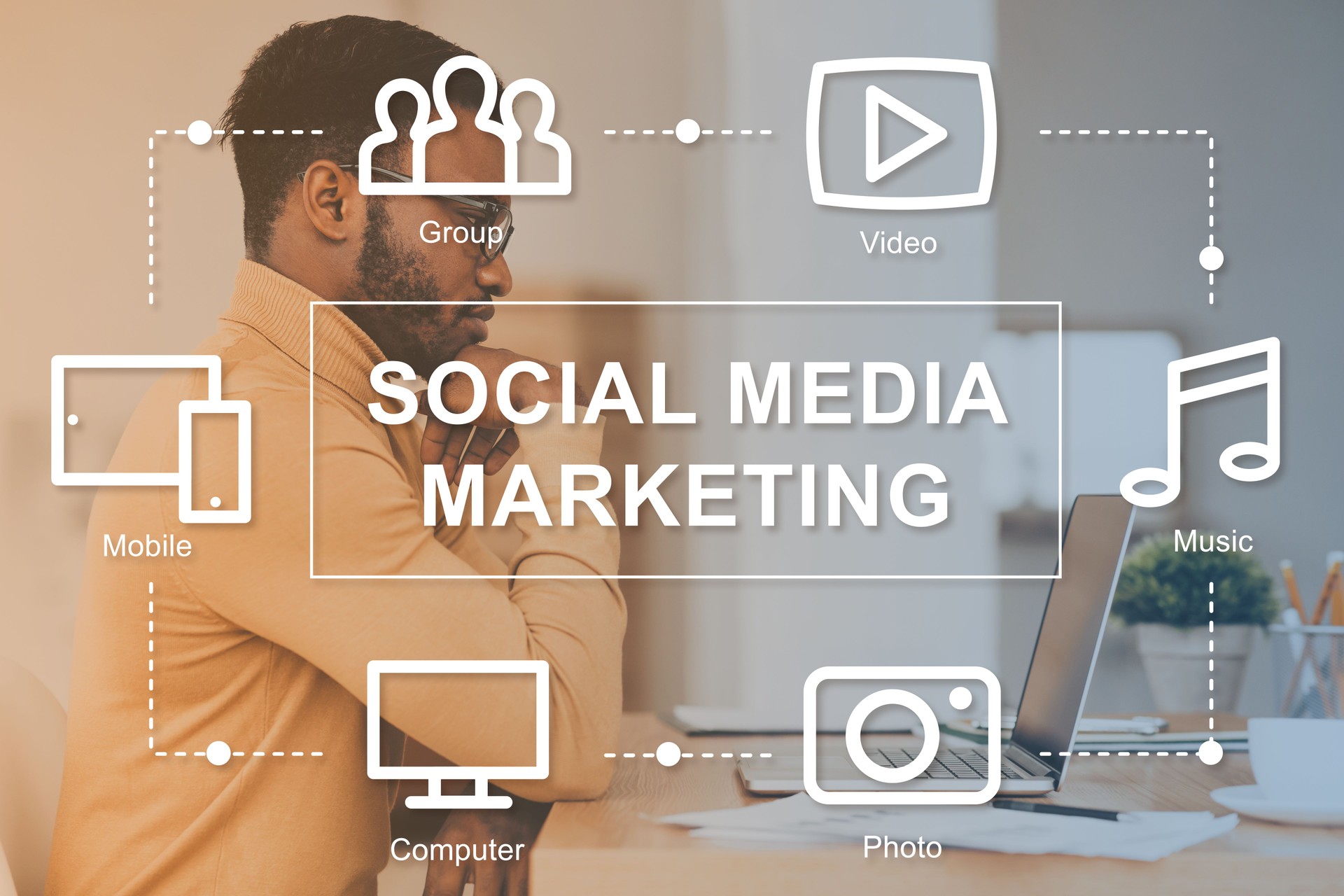 African American advertising expert developing social media marketing strategy in office, collage with SMM icons